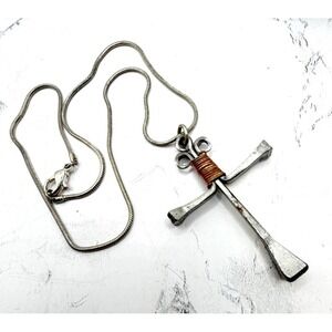 Silver Tone Cross Necklace Copper Wire Wrapped 16" Snake Chain‎ Rustic Pendant